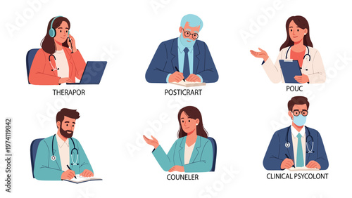 Mental Health Professionals Illustration Set: Therapists, Psychiatrists, Psychologists, Counselors