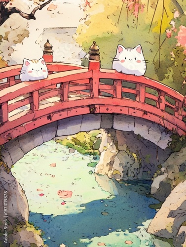 Adorable Cats on a Japanese Bridge