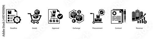 Approval and Contracts web banner icon vector illustration featuring Deadline, Goods, Approval, Exchange, Procurement, Contract, and Revenue for efficient procurement workflow.