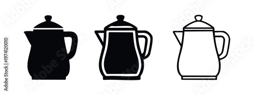 Coffee pot icon set. Simple black and white vector illustration of a kettle or percolator for brewing hot drinks.