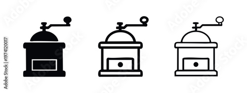 Manual coffee grinder icon set. Vintage hand-crank mill for fresh coffee beans, vector illustration.