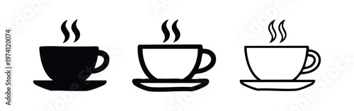 Steaming coffee cup icon set. Hot drink in a mug with saucer, vector illustration.
