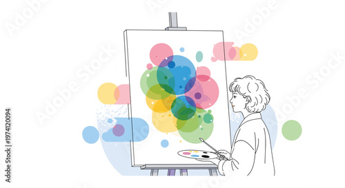 Woman painting colorful abstract art on canvas in minimalist style with soft lighting for creative inspiration