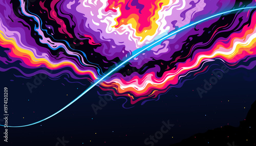A vibrant, colorful vector graphic illustration of a neon-lit galaxy with swirling purple, pink, and yellow hues and a bright blue streak.