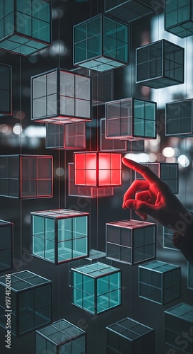 Hand touching glowing red wireframe cube in dark digital grid