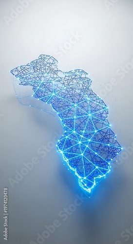 Glowing blue wireframe map with interconnected nodes on light background