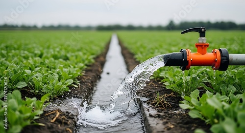 Orange irrigation pipe pouring water into green agricultural field furrow