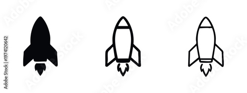 Rocket launch icons. Space rocket taking off symbol in solid and outline styles, representing startup and progress.