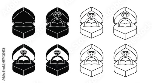 Four sets of engagement rings displayed in open jewelry boxes