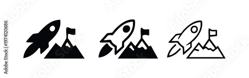 Rocket to the moon goal achievement icons. Startup success and business ambition symbols for rapid growth.
