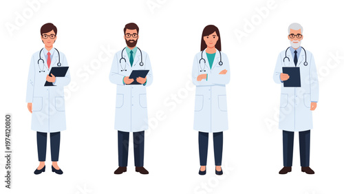 Diverse group of doctors and healthcare professionals in lab coats with stethoscopes and clipboards. Medical team illustration.