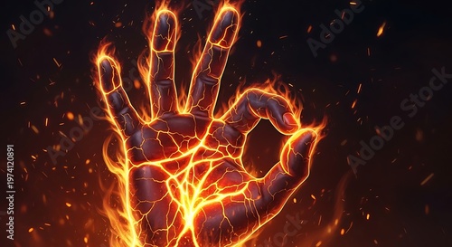 Glowing fiery hand gesture with crackling energy and sparks