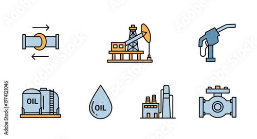 Oil and Gas Industry Icons - Pipeline, Pumpjack, Nozzle, Tank, Drop, Factory, Valve.