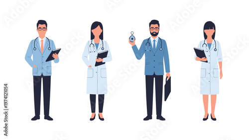 Diverse medical staff group illustration: Healthcare professionals with clipboards and medical tools