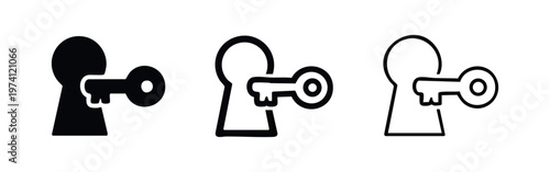 Key in Keyhole Icon Set. Access, Unlock, and Security Solution Symbols.