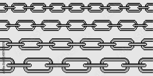 Collection of pixel chains different size vector for retro games. Ideal for symbolizing 8-bit digital connections, arcade style links, and nostalgic strength.