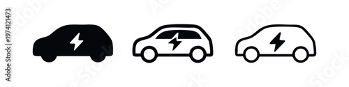 Electric car icon set with lightning bolt symbol. EV vehicle vector illustration.