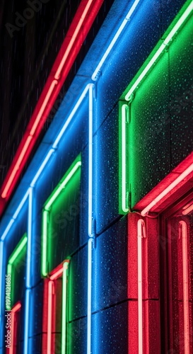 Neon Lights Illuminate Building Facade at Night.