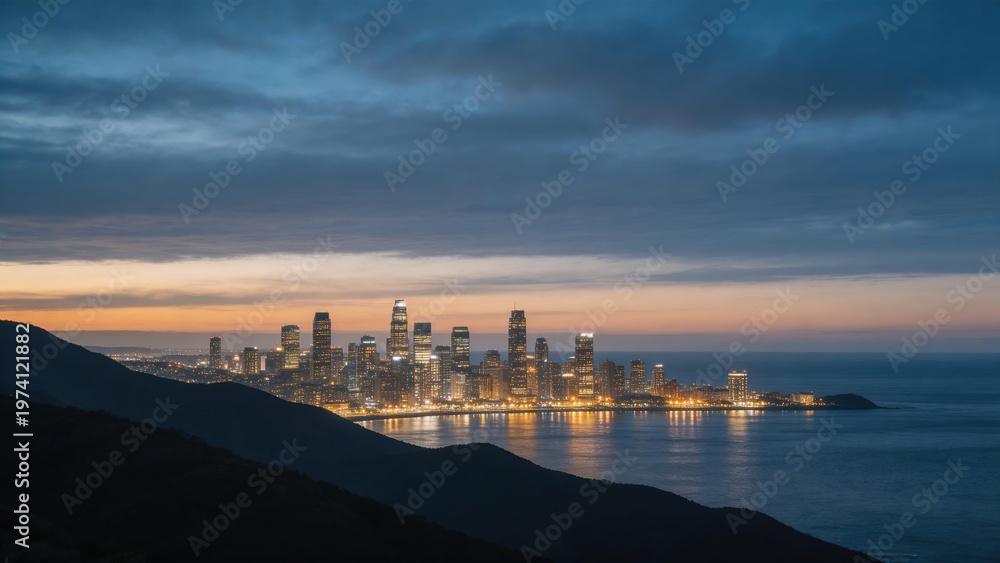Naklejka premium City skyline at dusk by the sea