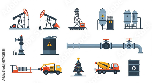 Oil and Gas Industry Equipment and Infrastructure Vector Illustration Set.