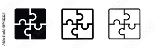 Four-piece jigsaw puzzle icon set. Teamwork and solution vector symbols in black and white.