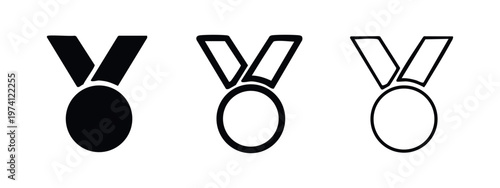 Achievement medal icon set. Prize and honor vector symbols in black and white for recognition.