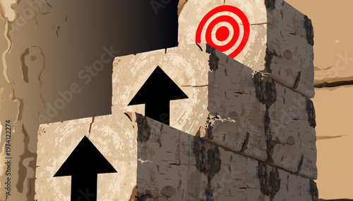 A vector graphic illustration of a target on a bullseye with arrows pointing upwards on concrete blocks