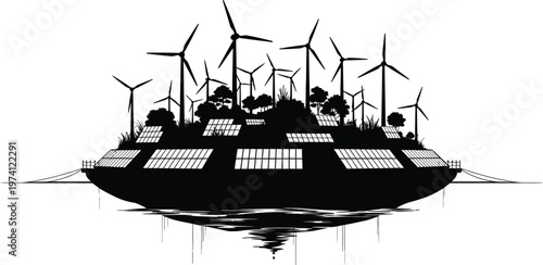 Floating island with wind turbines and solar panels renewable energy sustainable future concept 