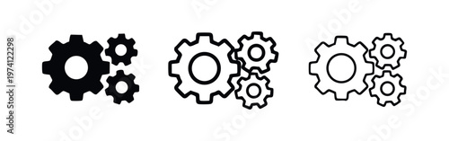 Gear icons set with three cogwheels. Settings and engineering vector symbols in black and white.