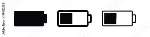 Battery level icon set. Power, charge, and energy indicator symbols in filled and outline styles.