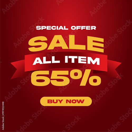 65% promotional sale banner offering discount for all items on red background