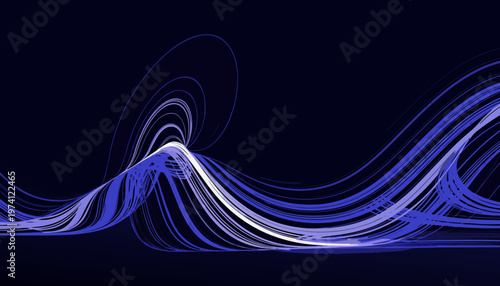 A vibrant blue and white abstract wave design on a dark background, featuring swirling lines and curves in a modern, minimalist style.