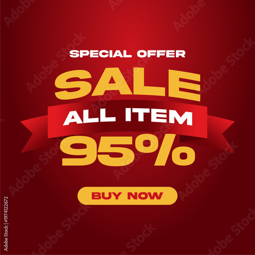 95% promotional sale banner offering discount for all items on red background