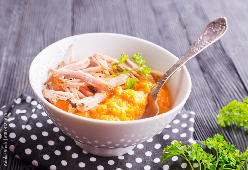 Creamy pumpkin soup with chicken