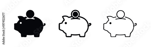 Piggy bank icon set with coin. Financial savings, moneybox, and investment symbol in glyph, outline, and line art styles.