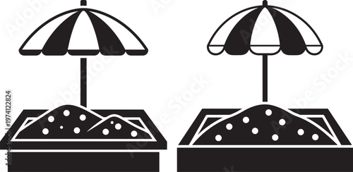 Sandbox with umbrella two black and white silhouette icons showing sand and playground fun.