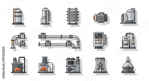 Industrial Equipment Icons - A Collection of Manufacturing Machinery.