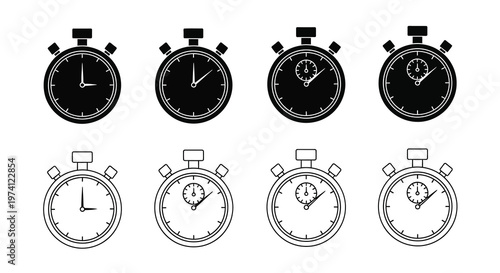 A collection of stopwatches in varying styles and states of operation