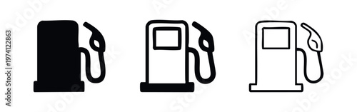 Gas pump icon set. Fuel, gasoline, petrol station, and energy symbols in glyph, outline, and line art styles.