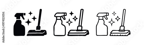 Cleaning supplies icon set. Spray bottle and mop symbol with sparkles in flat, outline, and hand-drawn style. Housework sign.