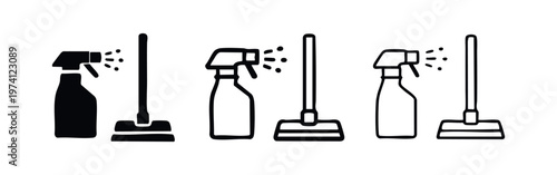 Cleaning supplies icon set. Spray bottle and mop symbol in flat, outline, and hand-drawn style. Housework sign.