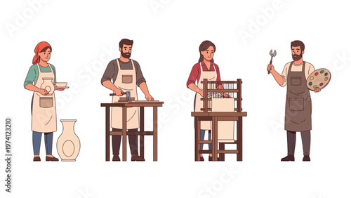 Diverse Artisans & Craftspeople Set. Professionals in Pottery, Woodworking, Weaving, and Painting. Handmade Creations Vector.