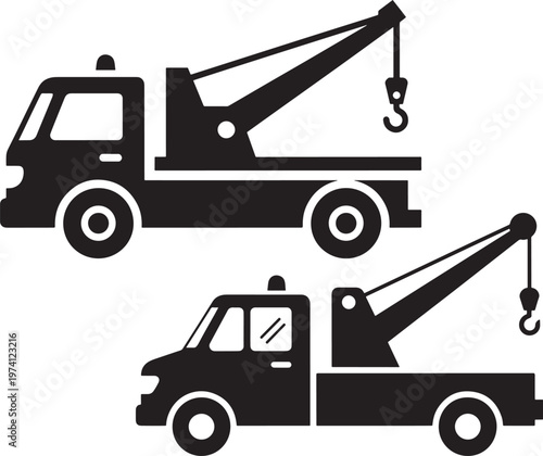 Silhouette icons of tow trucks with cranes for vehicle recovery and transport.
