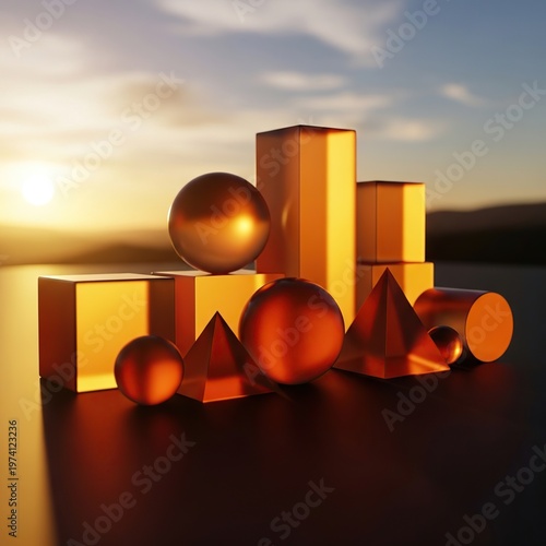 Geometric shapes composition with golden colors and sunlight.