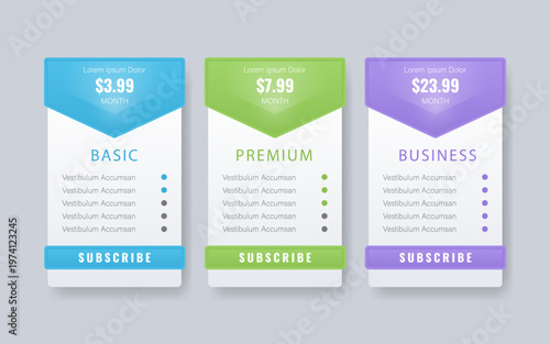Pricing table template with three subscription plans basic, premium, and business options. Vector layout for SaaS websites, service comparison, and mobile app user interfaces. 