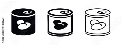 Canned food icons set. Tin can with beans or similar product in different styles.