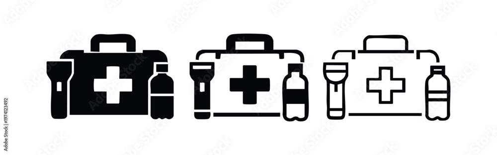 Obraz premium Emergency first aid kit icons with flashlight and water bottle. Preparedness symbols.