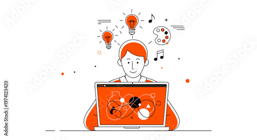 Creative man with orange hair and laptop in minimalist illustration style with floating symbols in bright vibrant lighting for business and technology