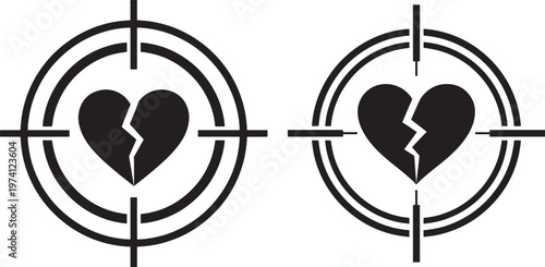 Two silhouette icons of broken heart within target crosshairs symbol.