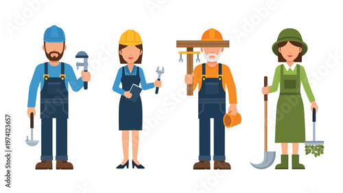 Diverse professional workers with tools flat design illustration set